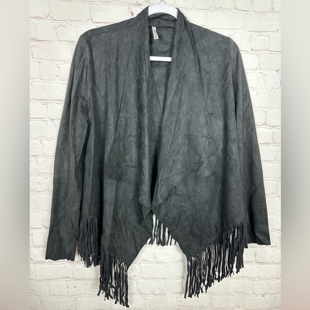 Mittoshop Western Boho Black Faux Suede Fringe Jacket, Sz M